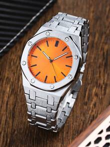 高品质男士腕表，不锈钢表带，橙色表盘，防水商务休闲石英表 - 均碼 - 查看 1