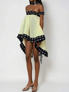 Womens Polka Dot High Low Dress Off The Shoulder Puffy Mini Dress Flowy Asymmetrical Hem Cocktail Party Club Evening Dress - 香檳色 - 查看 4