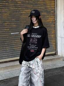 2026 Summer New Women's Round Neck Casual Loose American English Graphic Tee, Street Fashion Versatile Short Sleeve T-Shirt - Black - View 3