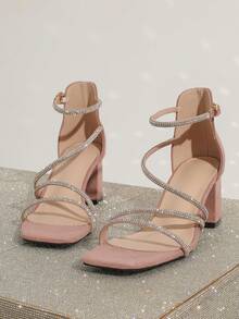 Sandalias elegantes y glamorosas con tacón alto grueso, puntera cuadrada y decoración de diamante de imitación, adecuadas para banquetes y fiestas, de moda y versátiles - Rosa vieja - Ver 6