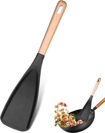 Silicone Wood Handle Spoons -Multifunction Spatula Cooking Spoon Sturdy 3 In 1 Spatula Spoons Nonstick Cookware Mixing Scoop Scrape Stirring 2MAK