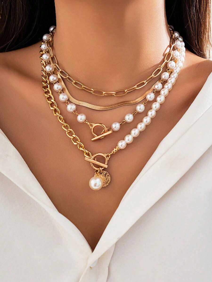 1 Set Baroque Asymmetrical Pearl Necklace, Creative Chain Choker Necklace For Women - Gold - View 1