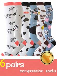 6双装奶牛纹过膝压缩袜，男女通用，适合运动、骑行、徒步、护理等场合，可爱动物图案，2026新款设计，生日礼物压缩袜 - 彩色 - 查看 3