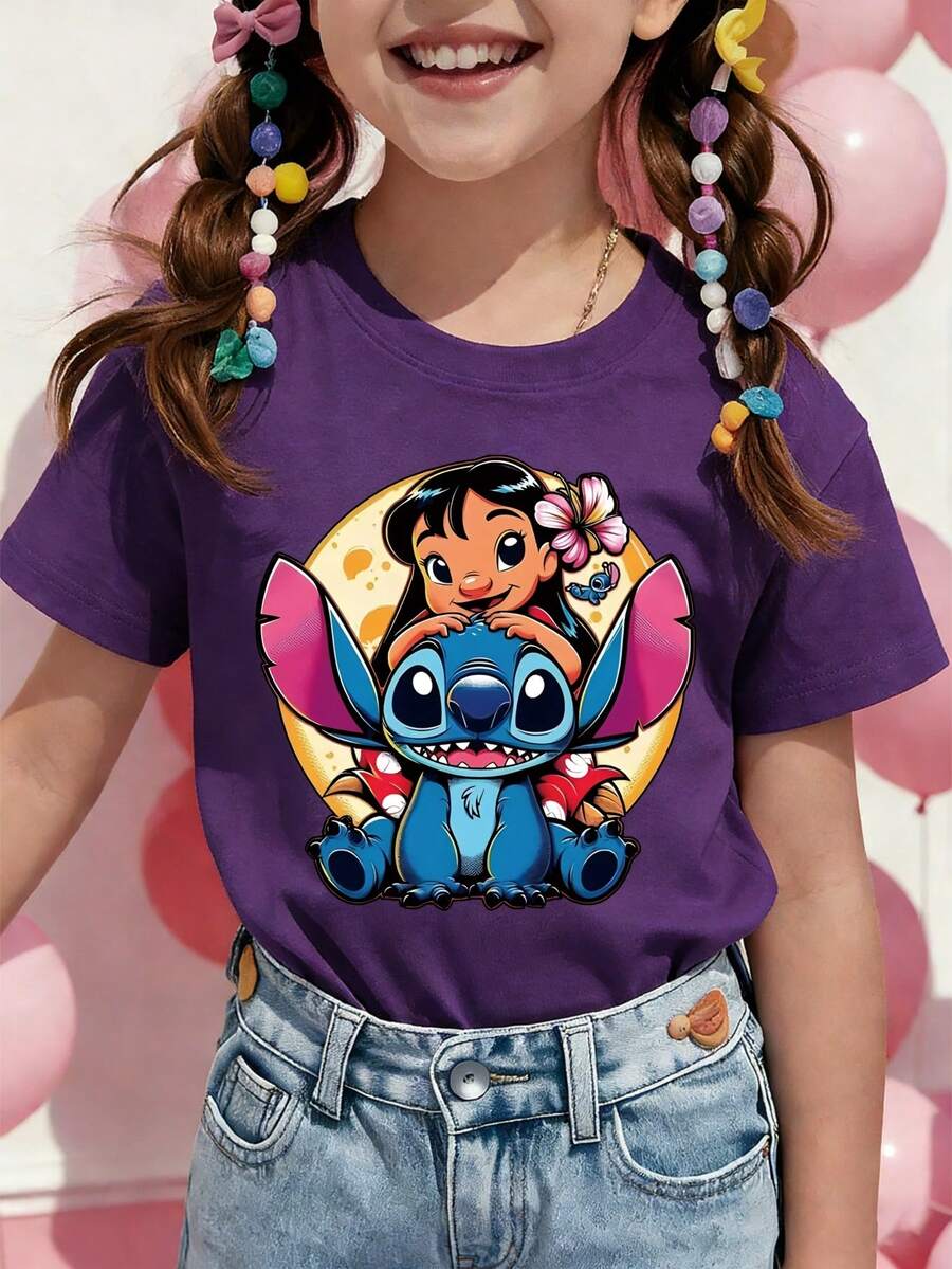 Disney Lilo And Stitch Printed Pattern T-Shirts For Girls - Children's Clothing Design Short-Sleeved Casual And Cute Style Comfortable And Casual Wear All Year Round Suitable For Parties And Play Machine Washable Gift Children's Clothing Girls' Short-Sleeved Shirts - Màu tím - Xem 1