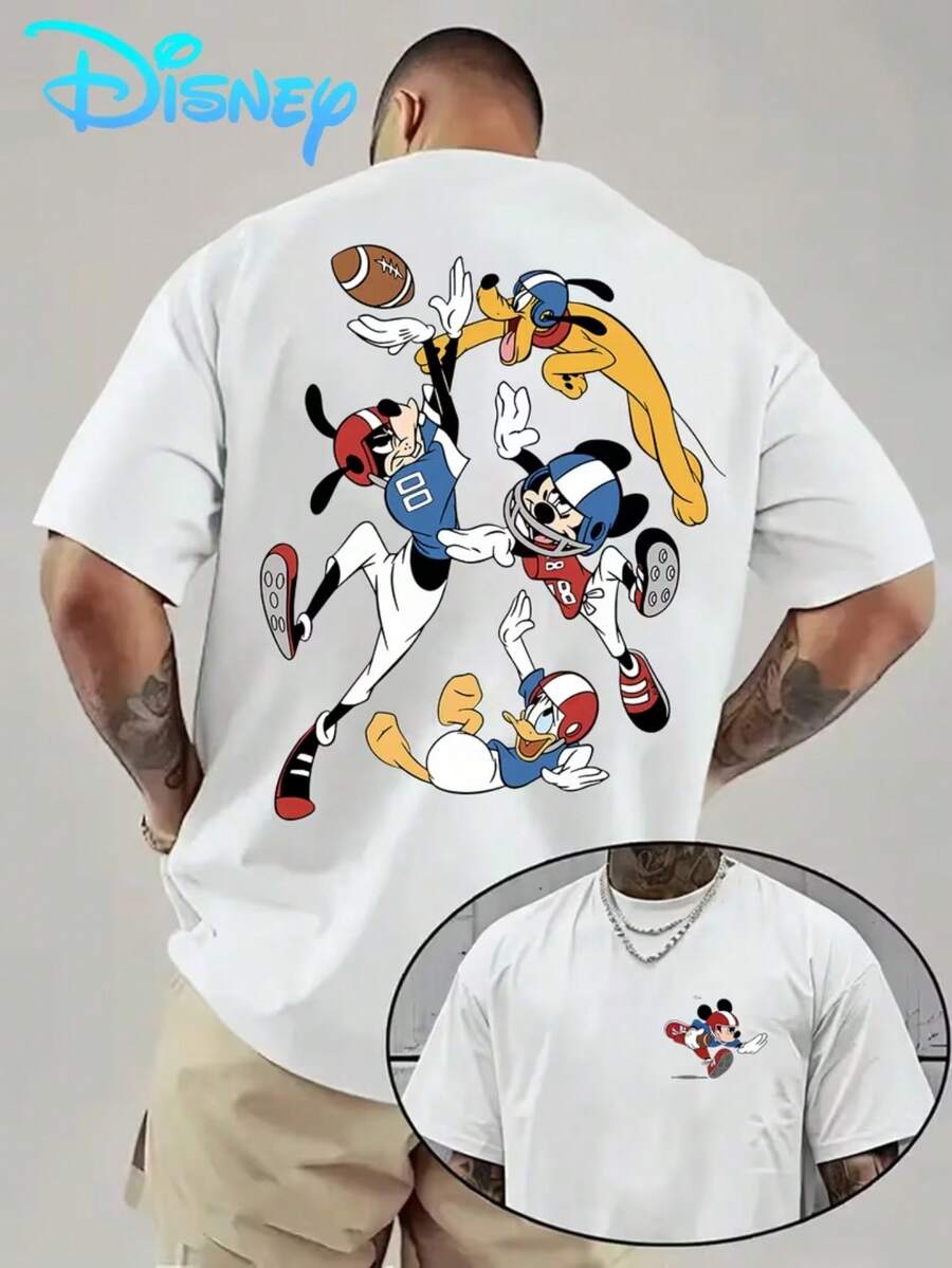 1 Disney Mickey Mouse Cartoon Men's T-Shirt-Men's Fashion Interesting Pattern Design, Breathable And Light, White Casual Short-Sleeved T-Shirt, Suitable For Sports, Travel, Parties-Perfect Gift For Disney Fans, Disney T-Shirt, Party Clothes, Dynamic Printing, Comfortable And Fit. - White - View 1