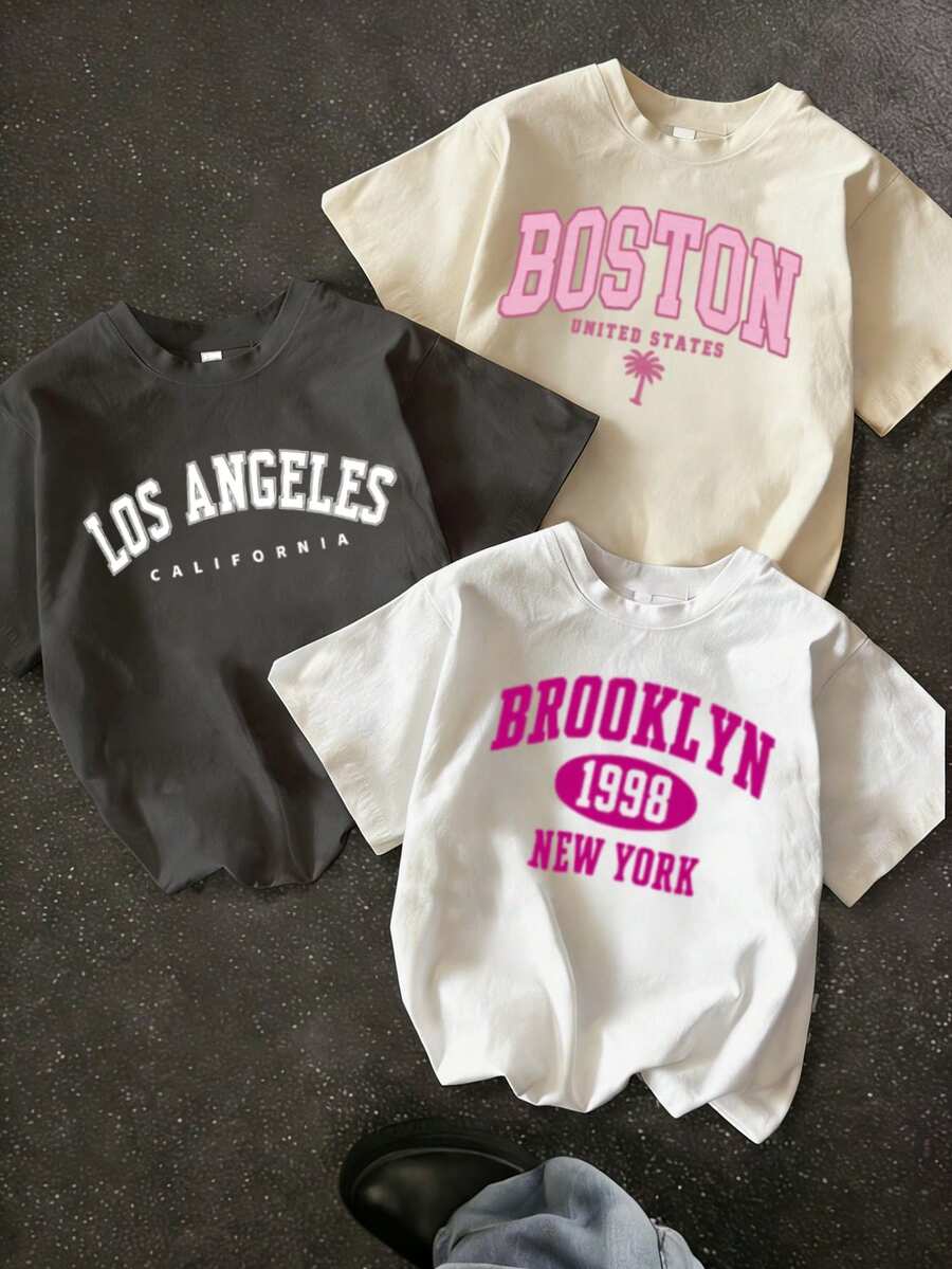 3 Stücke Damen Neue Lässige Süße Muster Locker Sitzende Rundhals Kurzarm T-Shirts, Modisch für Alltag & Urlaub. Damen Neuer Sommer Outfit, Lustiger Wahrzeichen Muster 3 Teiliges Kurzarm Set. - Verschiedenfarbig - Übersicht 1