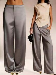 Women's Satin Silk Solid Color Pants With Pockets And Zipper, Suitable For Vacation, Office, Brunch, Airport , All Seasons - 灰色 - 查看 2