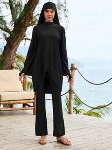 VFJ Bộ đồ bơi nữ Burkini cổ tròn cạp cao, kiểu dáng thường ngày, 3 món, tay dài, màu trơn, thích hợp đi biển và nghỉ mát, bao gồm áo, quần ống rộng và khăn trùm đầu, chất liệu co giãn cao và che phủ toàn thân, màu đen mùa hè. - màu đen - Xem 2