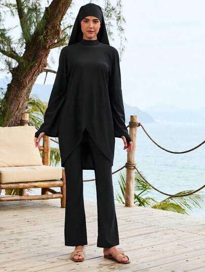 VFJ Bộ bikini nữ cạp cao cổ tròn, kiểu dáng thường ngày, 3 món, tay dài, màu trơn, thích hợp đi biển và nghỉ dưỡng, bao gồm áo, quần ống rộng và khăn trùm đầu, có độ co giãn cao và che phủ toàn thân.