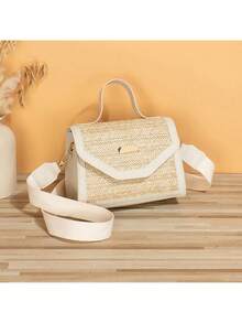 1pc Girls Mini Faux Woven Flap Top Handle Bag, Crossbody Bag, Suitable For Daily Use, Vacation, Ideal Gift - Beige - View 1