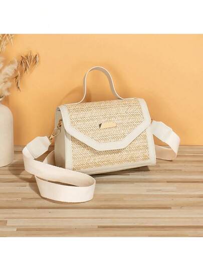 1pc Girls Mini Faux Woven Flap Top Handle Bag, Crossbody Bag, Suitable For Daily Use, Vacation, Ideal Gift