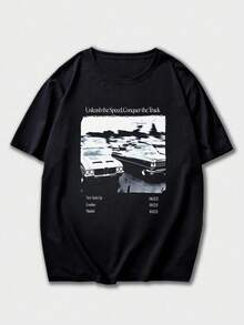 Camiseta de manga corta de cuello redondo para hombre de verano y estilo casual con el eslogan "Libera la velocidad, conquista la pista" de FRACTYR - Negro - Ver 4