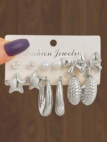 Set de 12 piezas de aretes en forma de C con estrella de 3D de perlas y rhinestone 2026, diseño elegante y minimalista de lujo, adecuado para uso diario - Plateado - Ver 1