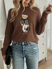 Camiseta casual y cálida de mujer con estampado de oso de lana sintética - Marrón - Ver 4