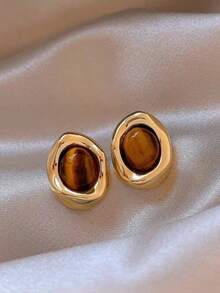1 Pair 14K Gold Plated Stainless Steel High-End Tiger's Eye Stone Earrings, Irregular Shape, Niche Elegant Fashion Versatile Earrings For Women - Gold - View 1