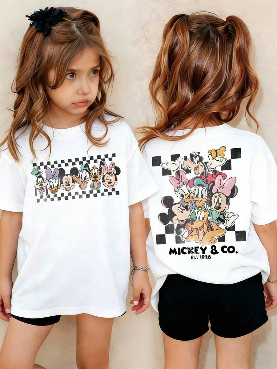 Disney Mickey Mouse Family, Element Themed Cartoon Print, Casual And Simple Short Sleeved T-Shirt, Suitable For Spring And Summer Wear, Suitable For Boys And Girls. Festival Gift - 白色 - 查看 1