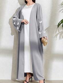 Women's Minimalist Arabic Embroidery Long Robe Dress - Silver - View 3