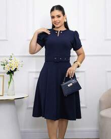 Chic Jacquard Pearl Midi Dress - Teal Blue - View 5