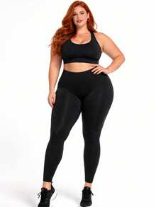 Plus Size Fitness Set For Gym With Stripes - Sizes G1 G2 G3 G4 – Thick Fabric, Super Elastane, Super High Waist, Not See-Through - 黑色 - 查看 3