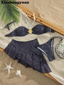 三件套新年情人节套装，系带女士泳裤，荷叶边褶皱迷你裙，波点吊带比基尼套装（含系带裙），性感休闲泳装，可拆卸胸垫，节日搭配套装，夏季沙滩装，冬季温泉泳装及短裤度假 - 彩色 - 查看 8