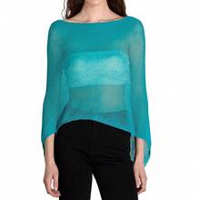 Women Sheer Mesh Poncho Top Crochet Knit Lightweight See Through Shawl Wrap Summer Oversized Loose Shrug Beachwear Swimsuit Bikini Cover Ups - 水鴨藍 - 查看 6