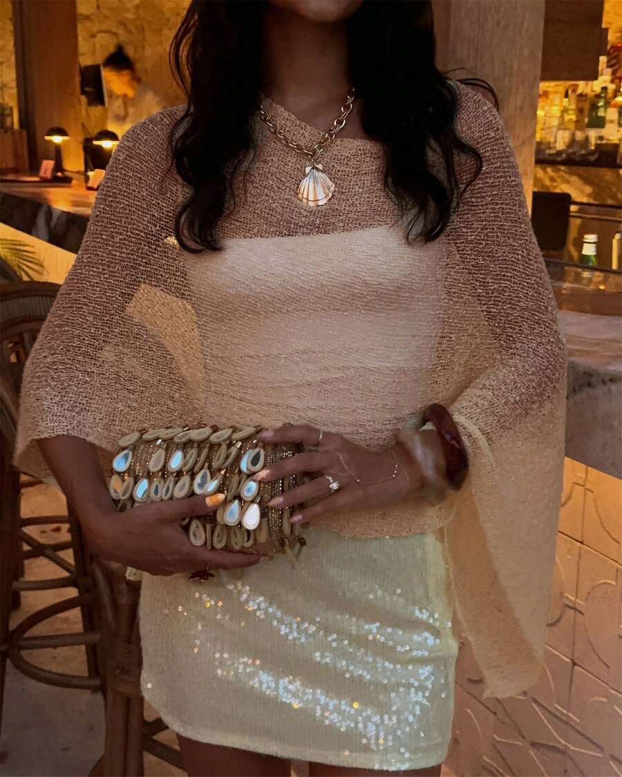Women Sheer Mesh Poncho Top Crochet Knit Lightweight See Through Shawl Wrap Summer Oversized Loose Shrug Beachwear Swimsuit Bikini Cover Ups - 卡其色 - 查看 1