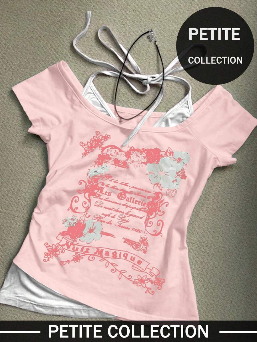 LYSEE PETITE 女士 Y2K 婴儿T恤 - 粉色，露肩吊带，两层叠穿设计，花卉字母图案，褶皱下摆休闲款 - 粉色 - 查看 1