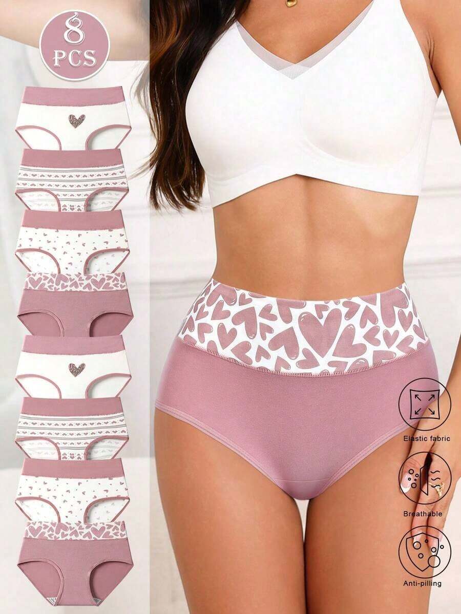 8 Pcs High Waisted Cotton Women's Underwear,Pink Print Ropa Interior Mujer,Soft And Comfortable Underwear For Women,Students Can Wear Women Panties Available In Plus Size Bragas Mujer - 粉色 - 查看 1