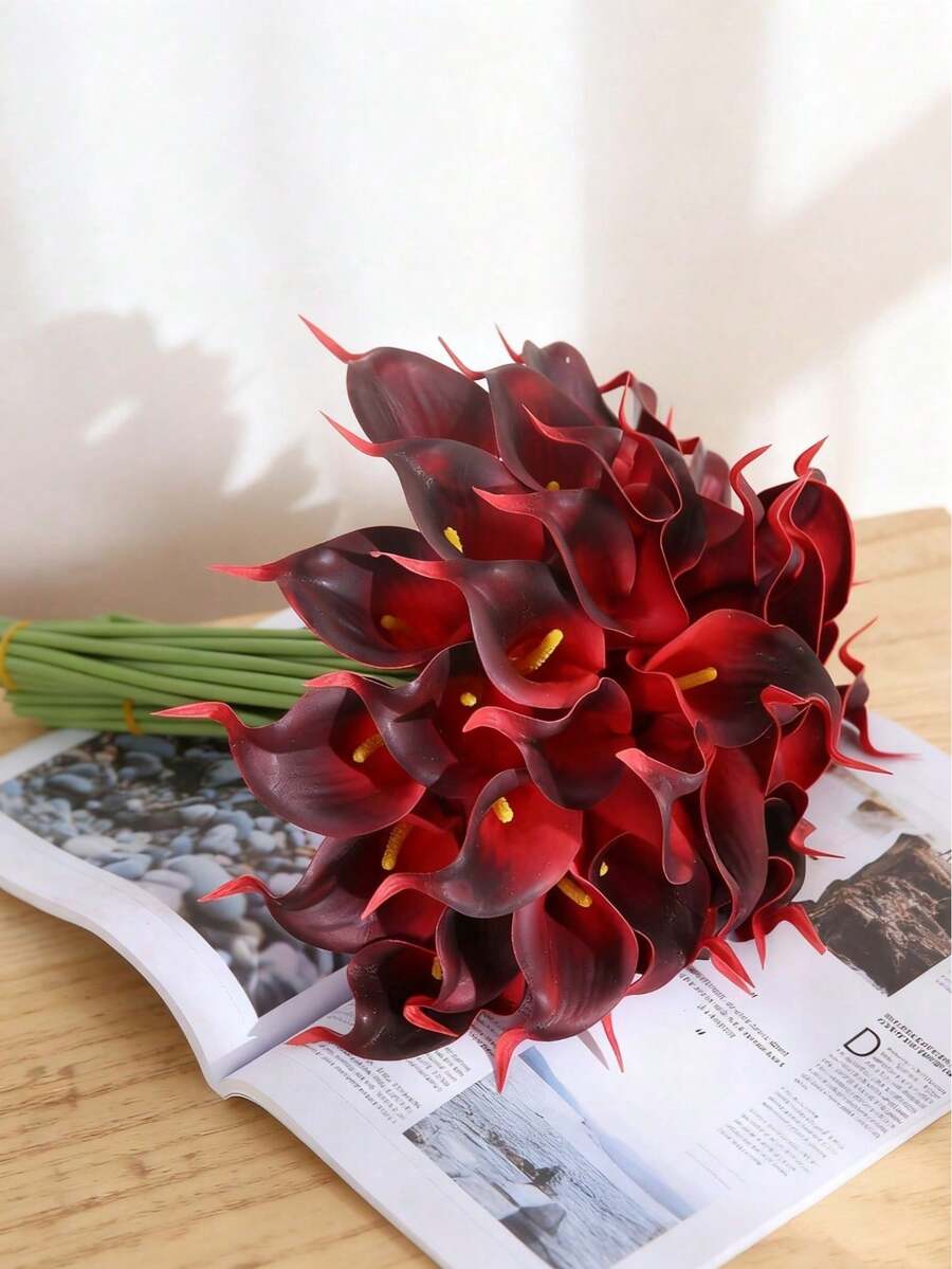 MEHELANY 12/6/1pc 酒紅色人造馬蹄蘭,長35cm,PU材質,人造花,馬蹄蘭花束,適用於居家婚禮裝飾、室內/室外裝飾、花園裝飾、派對裝飾、波希米亞風格裝飾、節日派對裝飾、母親節生日慶祝、日常禮物等 - 黑紅 - 查看 1