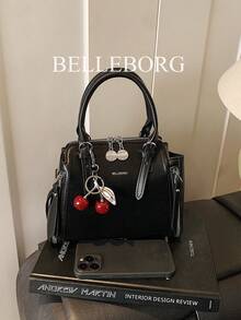 Vintage Minimalist Zipper Decor Commuter Handbag With Pendant - Black - View 7