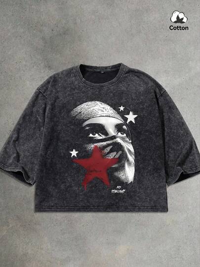 Men's Summer Street Fashion Gangsta Hip Hop Graphic Square Box Tee, Slightly Stretchy Washed Black Casual Everyday Boxy Short T-Shirt