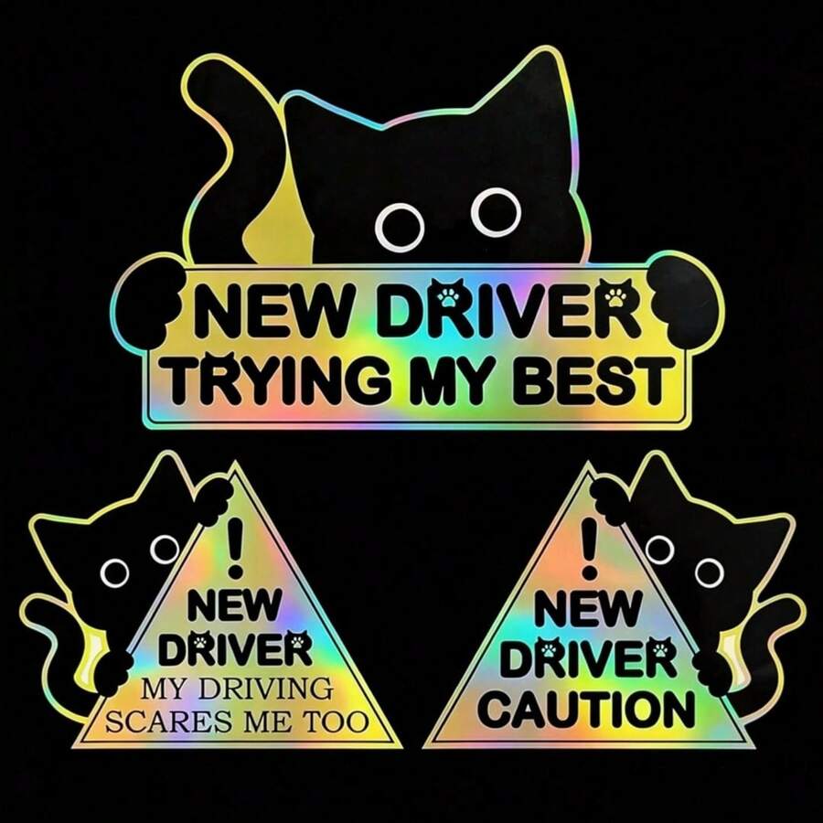 AD 1pc Black Cat Cute Small Black Cat Novice Driver Reminder Sticker, Please Wait Patiently Sign, Car Reflective Decal - A - View 1