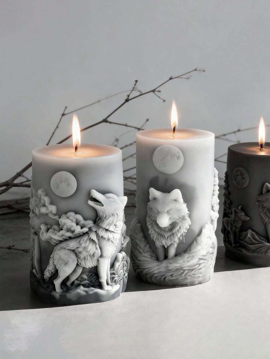 Wolf Relief Cylindrical Candle/Mold - Flexible Silicone Animal Wolf King Wax/Resin/Soap Mold, Realistic Texture, Suitable For DIY Handmade, Handmade Candle Making, Wedding Souvenirs, Soap Making, Resin Art - Wolf Head Relief Cylindrical Mold - Wolf Head Cylinder - View 1