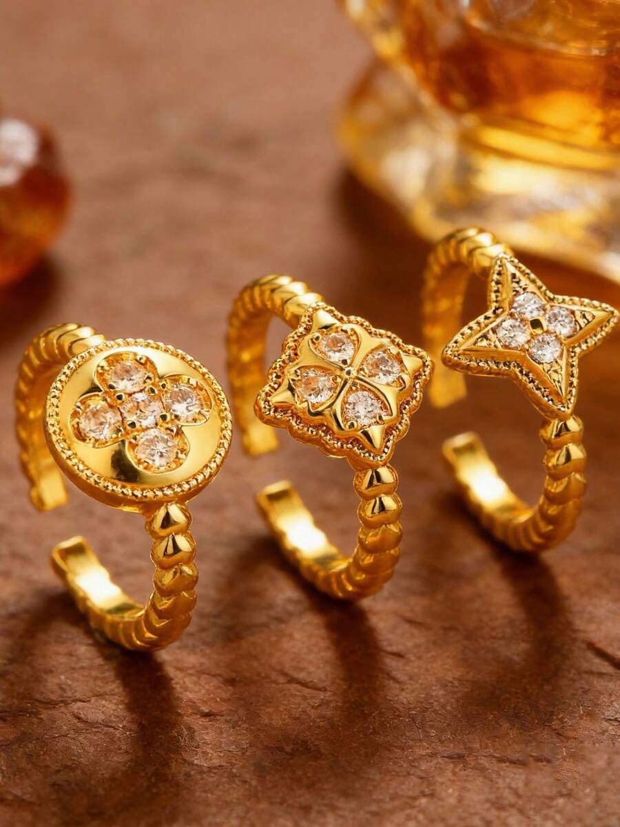 1件流行四叶草花瓣戒指，韩式时尚小众设计百搭水钻戒指套装 - 戒指 - 查看 1