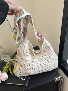 Large Capacity Hollow Vacation Beach Woven Tote Bag, One Shoulder Bucket Bag - Beige - View 4