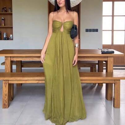 2026 European And American Summer Strapless U-Shaped Design Vacation Long Skirt Dress