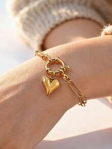 1pc Minimalist Stainless Steel Small Square Chain Cubic Zirconia Heart Bubble Clasp Gold Bracelet, Jewelry Gift For Women, Mother's Day - Gold - View 6