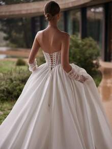 Opulent Strapless Lace Illusion Bodice Satin Ballgown Wedding Dress, Wedding Dresses For Bride, Elegant And Comfortable, Includes Plus Sizes, Bridal Gown, Formal Dresses For Women, Suitable For Wedding, Party, Vacation, Bride, Formal Occasions, Dinner Dress, Prom Dress, After-Party Dress, Homecoming Dress, Cocktail Party, Birthday Party, Celebration, Gala, Festival, Ceremony - trắng - Xem 3