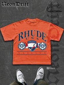 NeonDrift Men's T-Shirt Men's Short-Sleeve T-Shirt100% Cotton Fabric Soft & Skin-Friendly Unisex Style Gifts For Spring Festival, Valentine's Day, St. Patrick's Day & World Cup  Rhude Sailing International Logo T Shirt Men Casual Streetwear Graphic Print Vintage Style Nautical Theme Fashion  Urban Look Lightweight Cotton Top Summer Wear - 珊瑚橙 - 查看 1