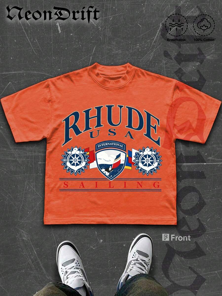 NeonDrift Men's T-Shirt Men's Short-Sleeve T-Shirt100% Cotton Fabric Soft & Skin-Friendly Unisex Style Gifts For Spring Festival, Valentine's Day, St. Patrick's Day & World Cup  Rhude Sailing International Logo T Shirt Men Casual Streetwear Graphic Print Vintage Style Nautical Theme Fashion  Urban Look Lightweight Cotton Top Summer Wear - 珊瑚橙 - 查看 1