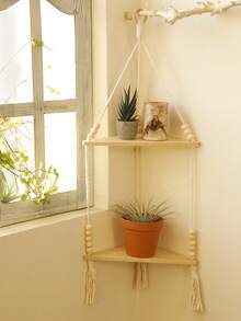 1pc Beige Bohemian Style Triangle Corner Hanging Wall Shelf, Layered Floating Display Rack, Rustic Minimalist Design With Tassel Details, Space-Saving Storage Organizer Suitable For Living Room, Bedroom, Bathroom, Kitchen, Apartment, Dorm, Plant Display, Bookshelf, Home Decor - Beige - View 5