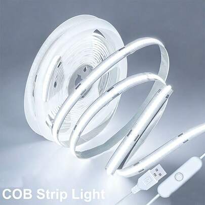 Tira de luz LED COB de bajo voltaje 5V USB, alta CRI brillante sin parpadeo, controlador táctil con brillo ajustable, respaldo adhesivo recortable, ideal para estanterías, armarios, salas de estar, escaleras y decoraciones navideñas