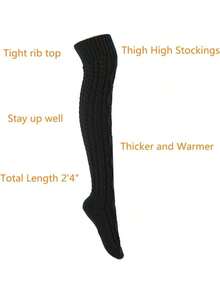 Women's Cable Knit Thigh High Socks Extra Long Winter Socks, Cozy SIFH - Black - View 4