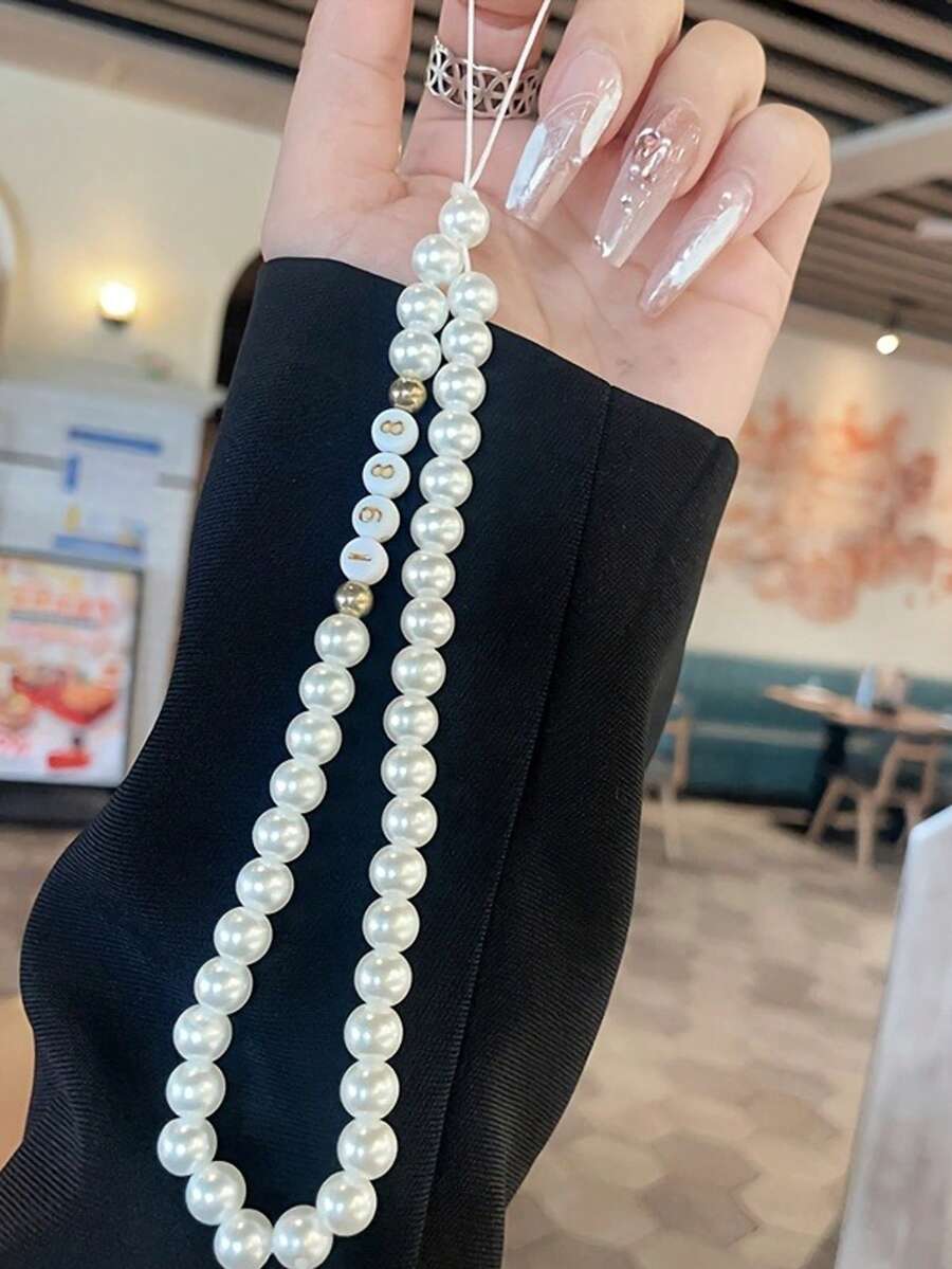 Correa de teléfono personalizada con elemento de perla, diseño elegante y de moda con cadena de letras de perlas falsas que se puede grabar con nombre, lema y fecha como regalo de cumpleaños o aniversario - Multicolor - Ver 1