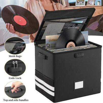 Vinyl Record Storage Box With Lock Waterproof & Dustproof Holds 100+ 12" Records
