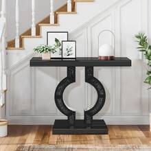Black Crystal Inlaid Console Table, 100cm Glass Sofa Table With O‑Shaped Base For Entryway - Black - View 3