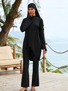 VFJ Bộ đồ bơi nữ Burkini cổ tròn cạp cao, kiểu dáng thường ngày, 3 món, tay dài, màu trơn, thích hợp đi biển và nghỉ mát, bao gồm áo, quần ống rộng và khăn trùm đầu, chất liệu co giãn cao và che phủ toàn thân, màu đen mùa hè. - màu đen - Xem 3