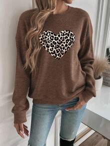 Leopard Print Heart Pattern Women's Casual Elegant Faux Knit Sweater Top, Suitable For Everyday Wear In Autumn/Winter - Brown - View 3