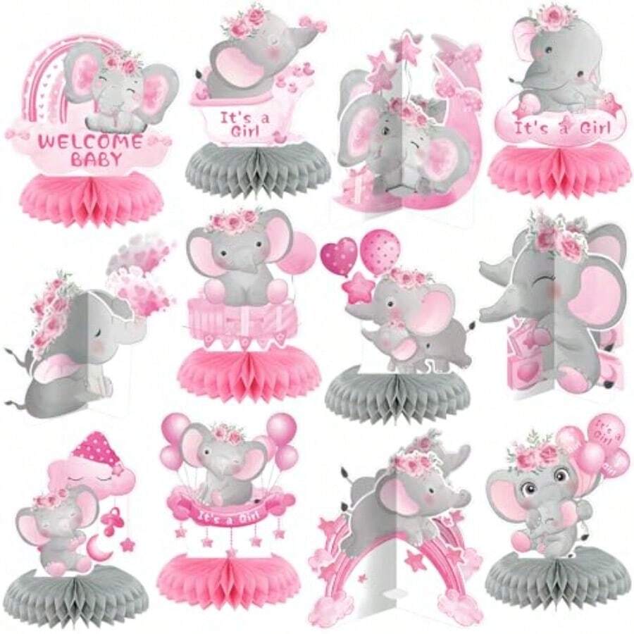 D12 Pcs Pink Elephant Baby Shower Decorations Honeycomb Centerpieces Elephant Baby Shower Table Decoration Balloon Moon Flowers Table Topper For Birthday Party Favors Plies - 粉紅象 - 查看 1
