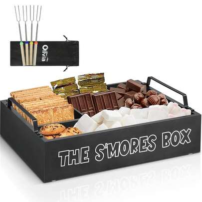 S'Mores Station With Handles, Wooden S'Mores Caddy Bar Holder With 4 Roasting Sticks, Farmhouse Smores Tray For Smores Kit For Fire Pit, Smores Maker Tabletop Indoor Kit For S'Mores Kit